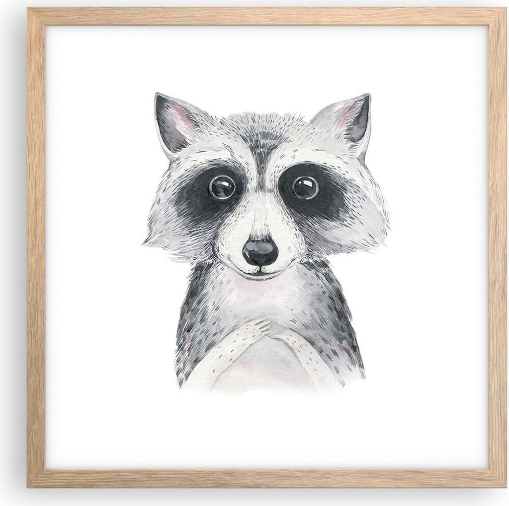Gerahmtes Poster - Rahmen in heller Eiche - Waschbär Bild Kinder - 40x40 cm - Wand Bild - Wanddeko - Wandbilder - Kunstposter - Wandposter - Bilde...