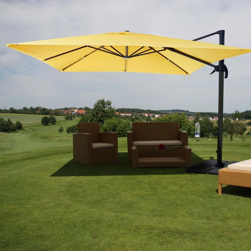 Gastronomie-Ampelschirm HWC-A96, Sonnenschirm 3x3m (Ø4,24m) Polyester Alu/Stahl 23kg gelb mit Ständer