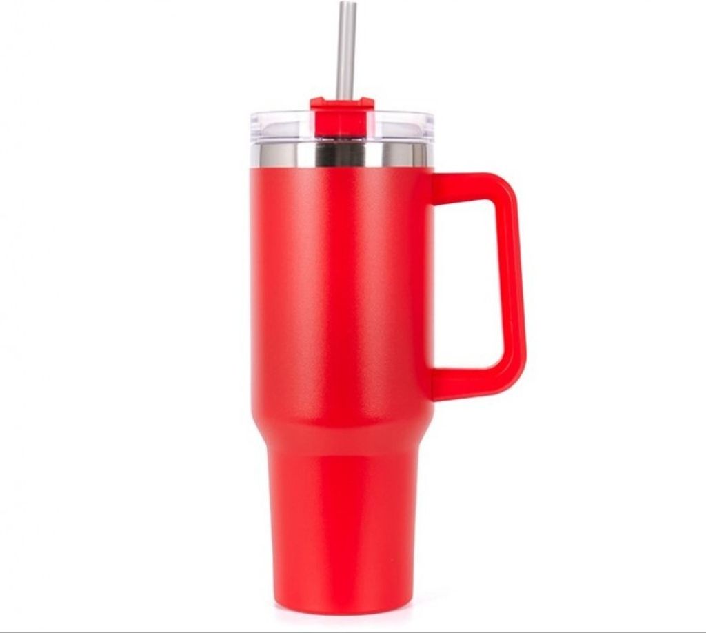 Großer Thermobecher mit Henkel und Strohhalm 1L grau.
