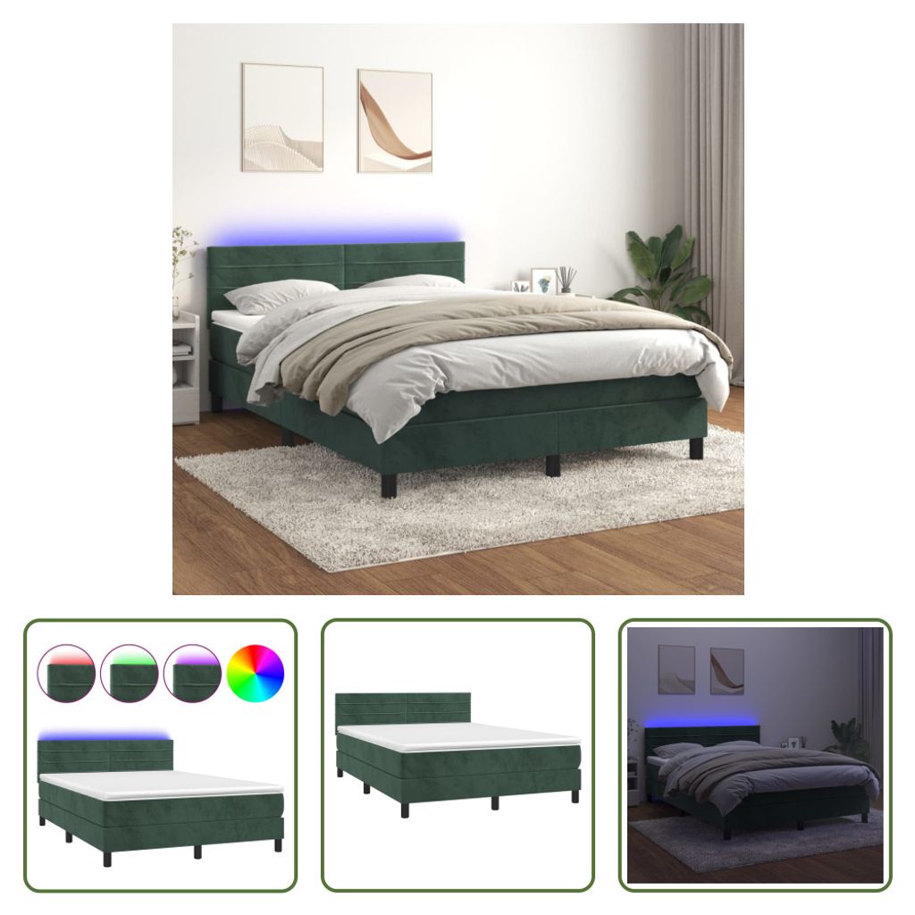 The Living Store Boxspringbett mit Matratze & LED Dunkelgrün 140x190 cm Samt