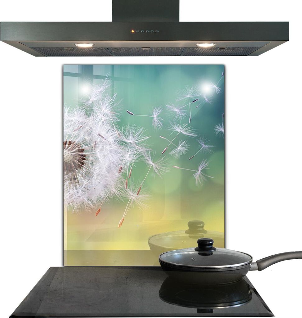 Spritzschutz aus Glas Küchenrückwand - Wandschutz für Herd und Spüle - 60x80 cm - Blühender Löwenzahn im Wind