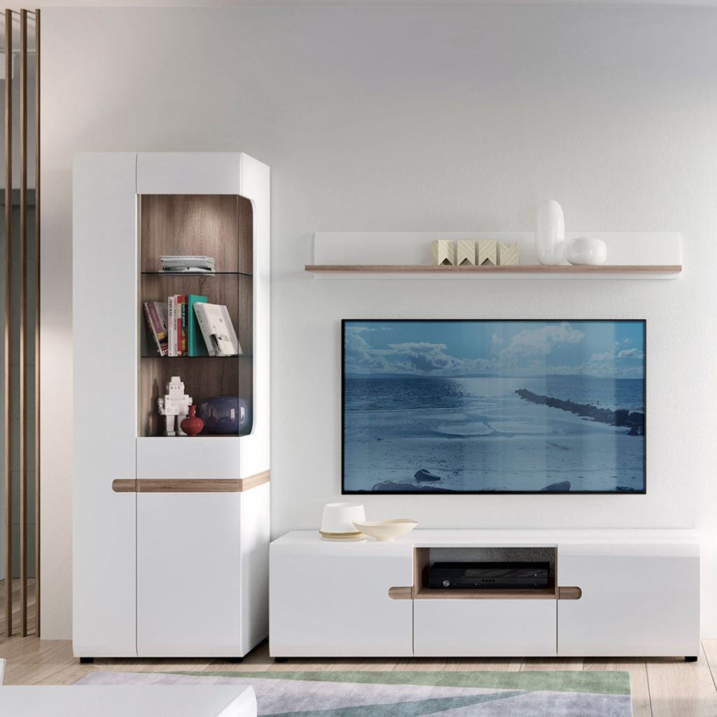 Modernes Schrankwand Set mit Beleuchtung, grifflos, Eiche Trüffel Nb. und weiß Hochglanz, LEGNICA-129