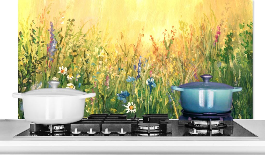 KitchenYeah Spritzschutz Küche - Küchenrückwand - Wandschutz für Herd und Spüle - Blumen - Aquarell - Sonne 90x45 - Alu-Dibond (Alternative...