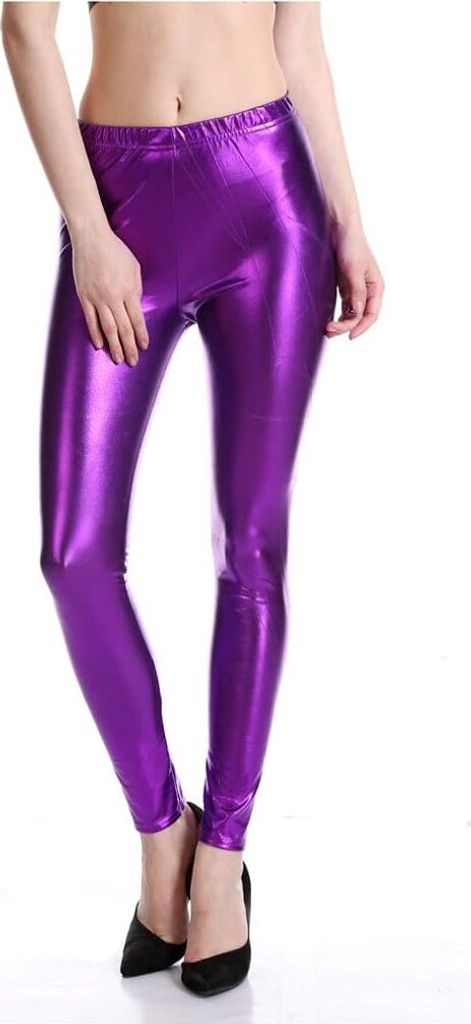 ASKSA Damen Leggins Silber Leggins Metallic Damen Glaenzende Hose 80er mit Hoher Taille Shiny Leggins,Lila,XL