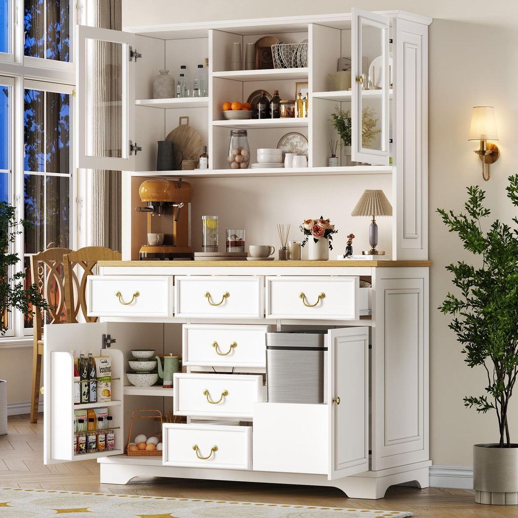 okwish Hochschrank,Küchenschrank mit USB-Anschlüssen und Steckdosen,Aufbewahrungsschrank mit LED-Lichtleiste und Schubladen,Highboard mit Snackre...