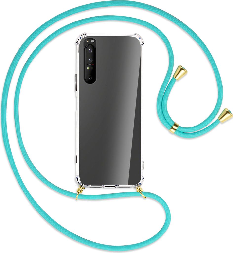 Handykette Backcover-Schutzhülle mit Band (Metall goldfarben) für Sony Xperia 1 II - türkis