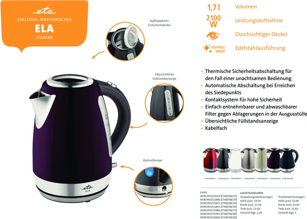 Bollitore elettrico ETA Eta Ela 1,7 L 2200 W Antracite, Immagine del prodotto 