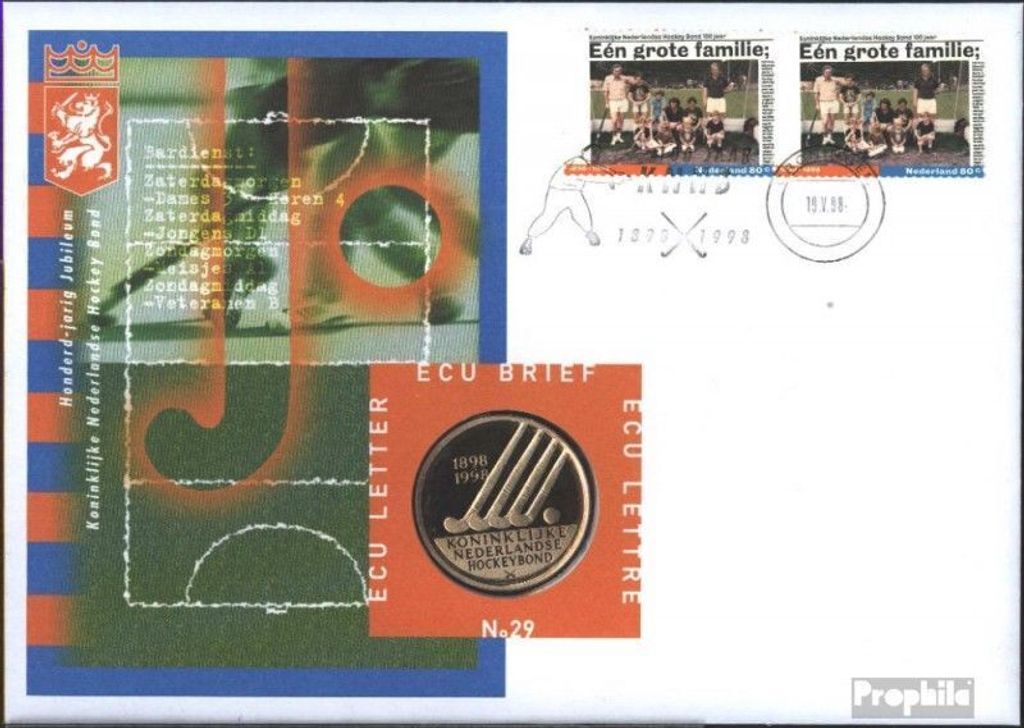 Briefmarken Niederlande 1998 Mi 1658 auf Numisbrief No.29 mit ECU-Münze (kompl.Ausg.) FDC Hockeybund