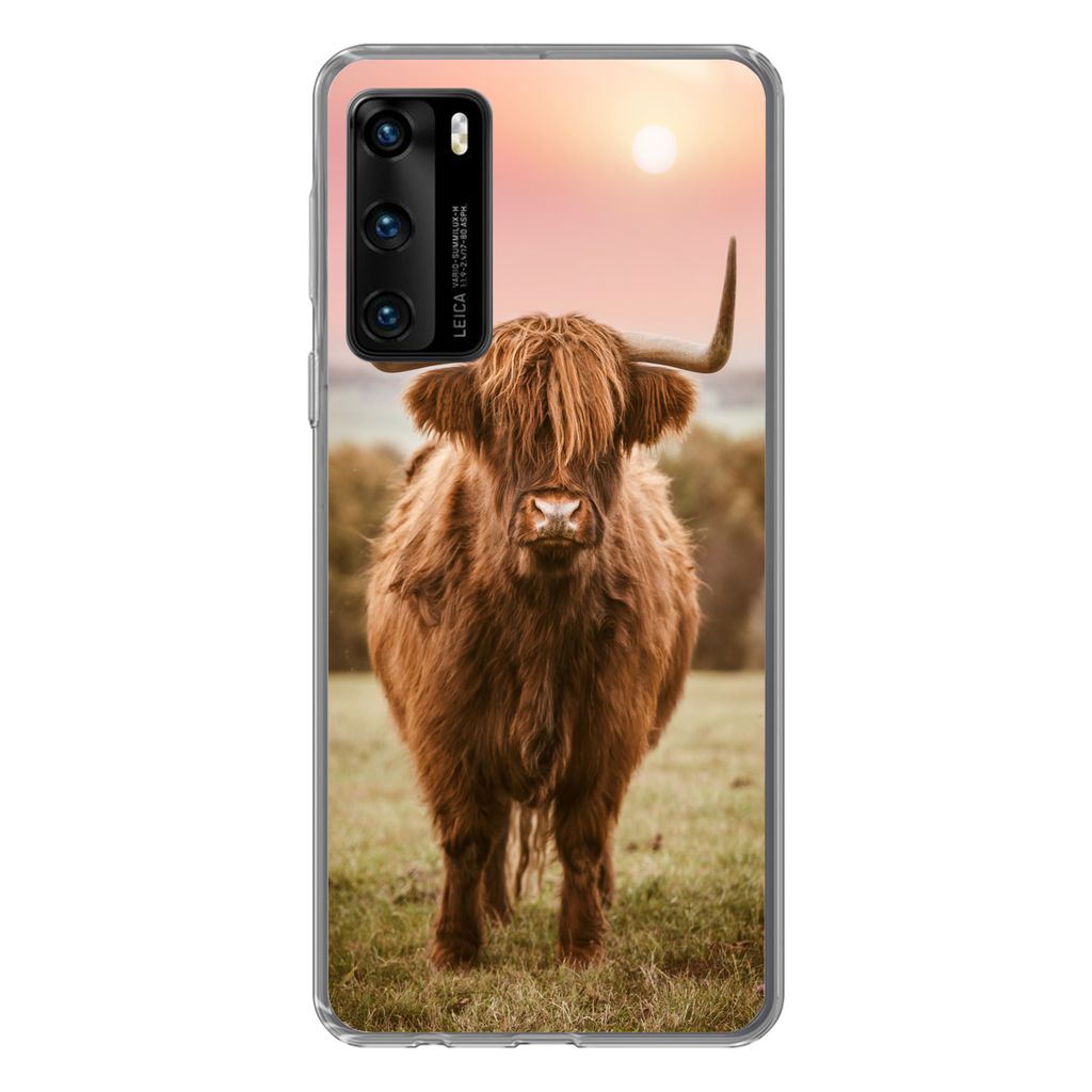 MuchoWow Handyhülle Schutzhülle Hülle für Huawei P40 Schottischer Highlander - Sonne - Himmel Silikon Softcase Handy Hülle - Handytasche