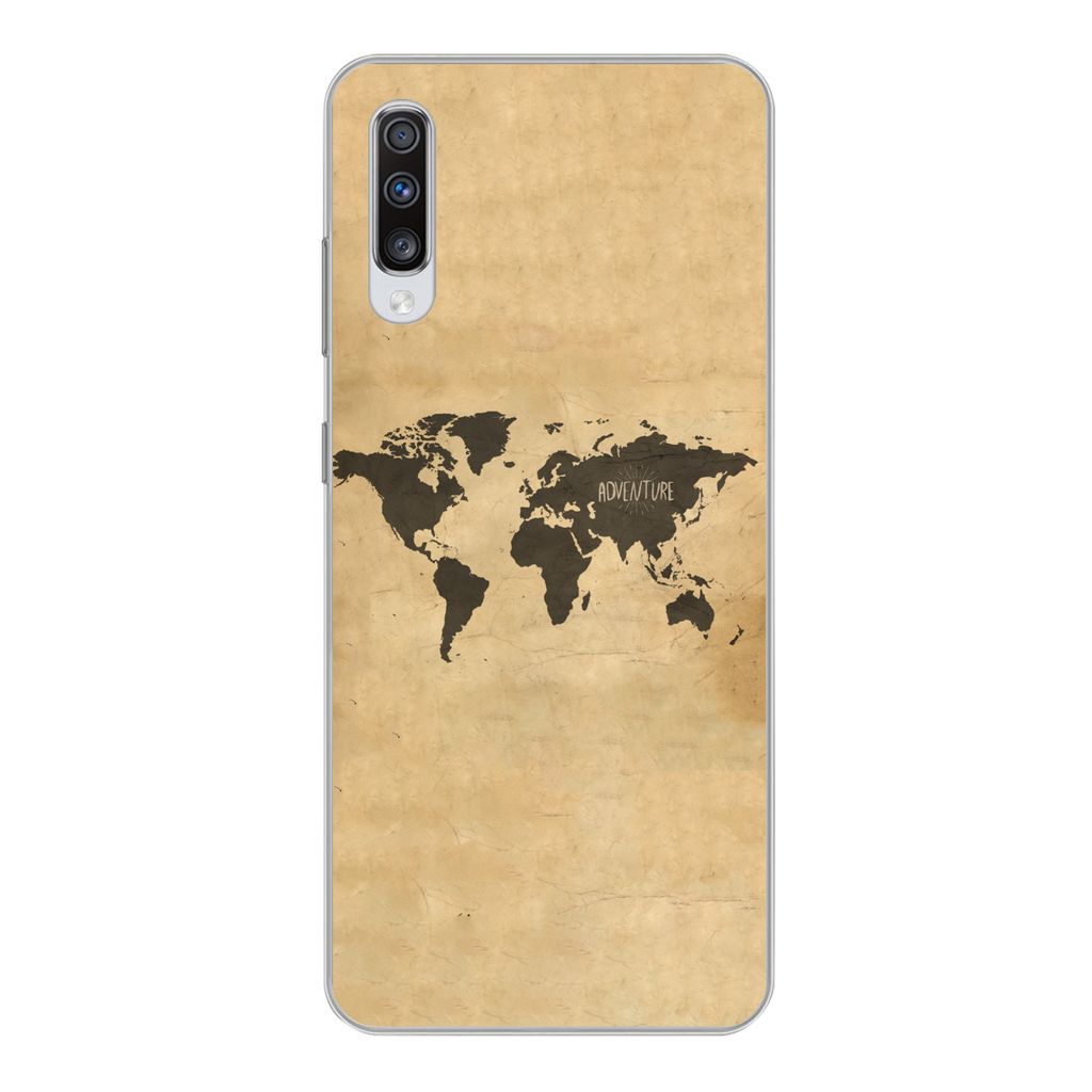 MuchoWow Handyhülle Schutzhülle Hülle für Samsung Galaxy A70 Weltkarte - Braun - Zitat Silikon Softcase Handy Hülle - Schutzhaube