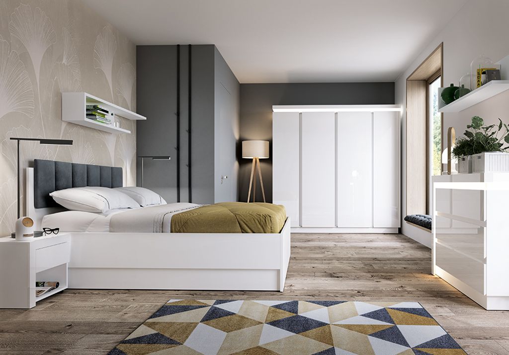 Schlafzimmer Komplett Set, 7-teilig, mit 160cm Bett in weiß Hochglanz LYNDHURST-129