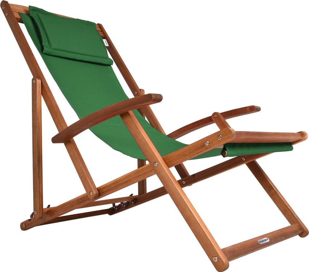 A green deck chair made of wood, shown against a white background.