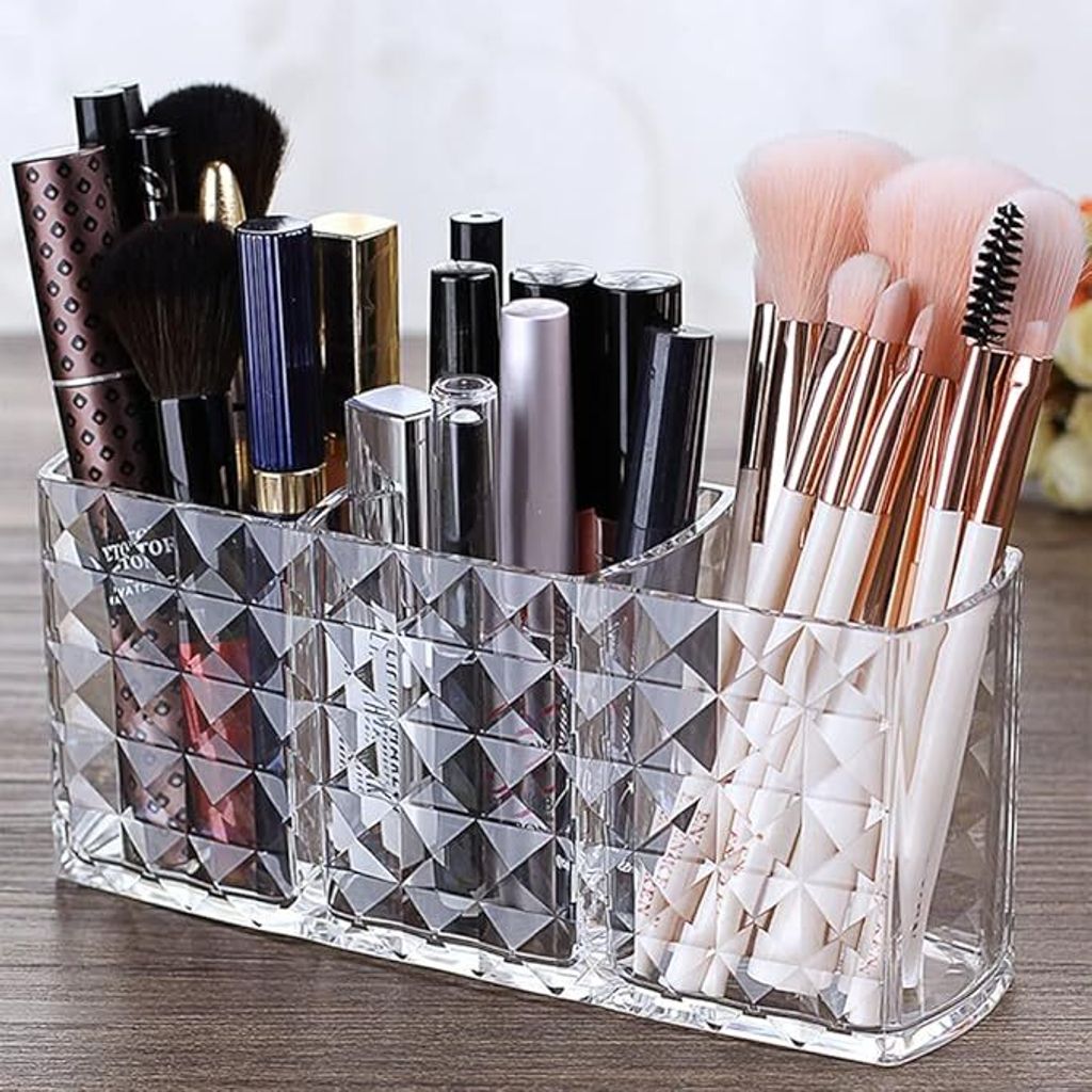 Kosmetik Organizer, 3 Fächern Kristall Makeup Pinsel Halter für Eyeliners Lippenstift Wimperntusche, Acryl Schminkaufbewahrung für Badezimmer Sc...