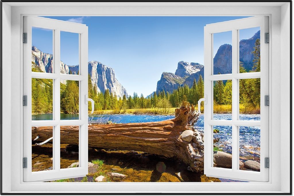 Wallario Wandbild mit Fenster-Illusion: Baumstamm im Fluss zwischen Bergen und Wäldern, Größe: 61 x 91,5 cm, Poster mit schwarzem Aluminiumrahmen