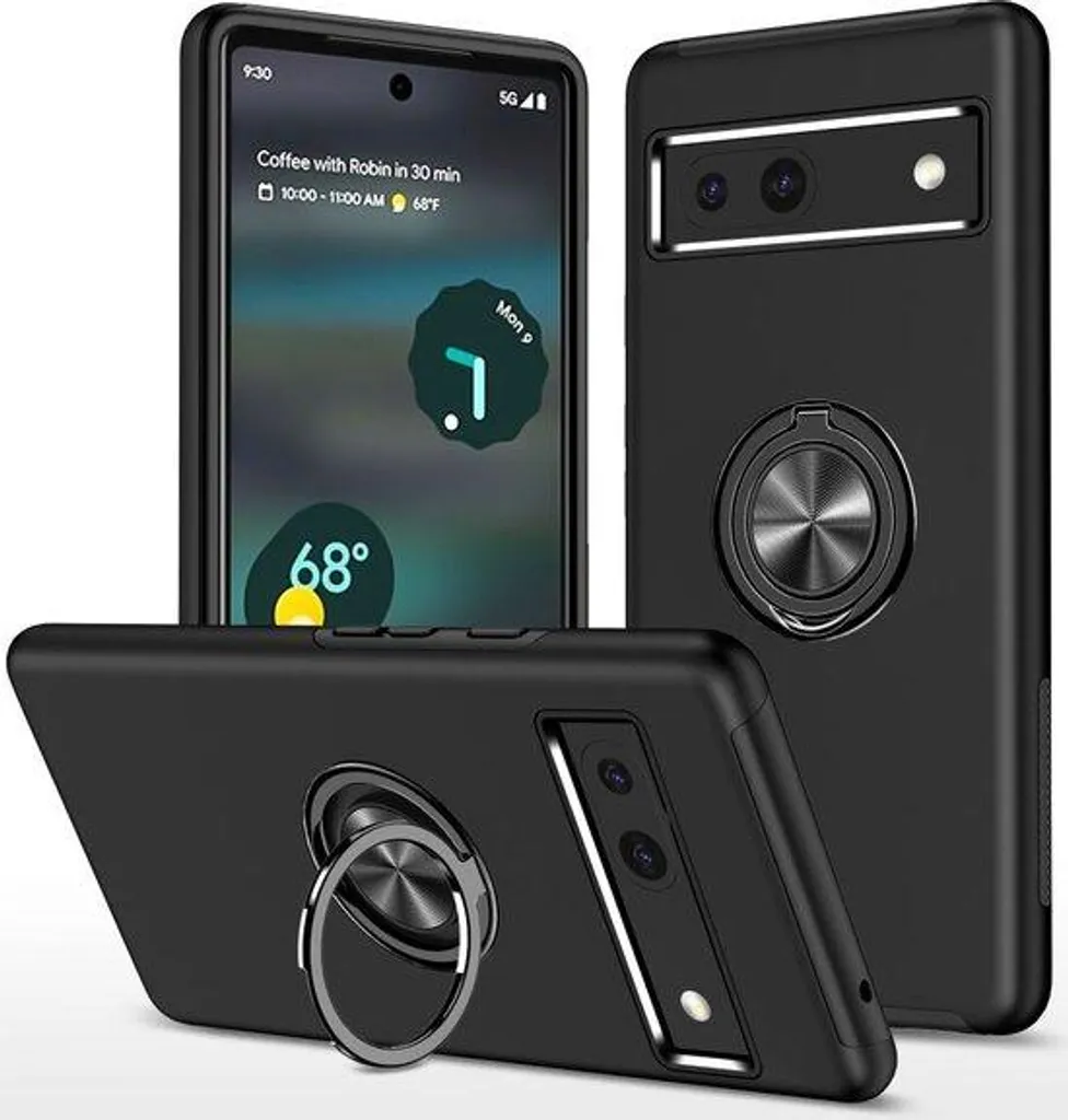 Coque Google Pixel 7a avec anneau magnétique et support antichoc noir