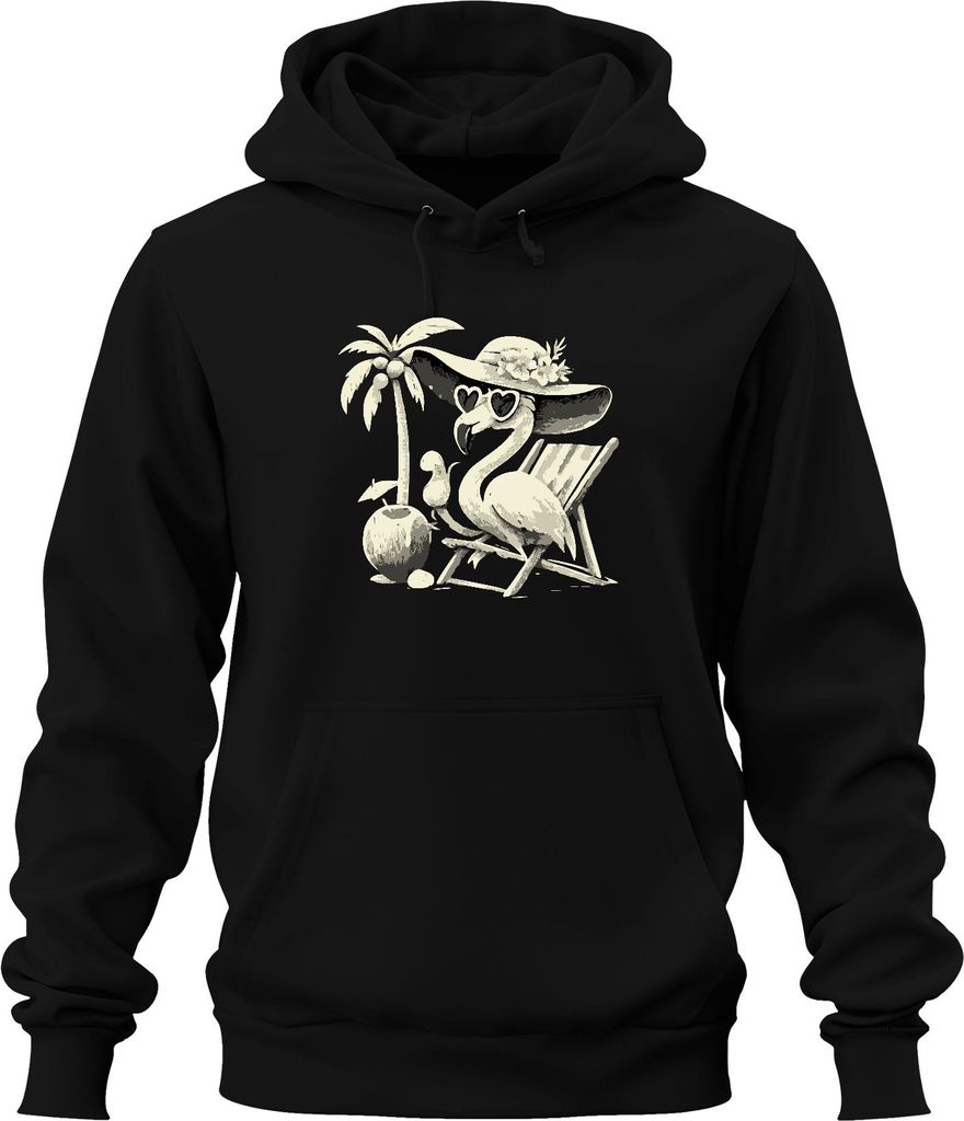 Flamingo Sommer Tropisch Strand Palme Kokosnuss Sonnenhut Herz Uni Hoodie Kapuzenpullover, Schwarz, S