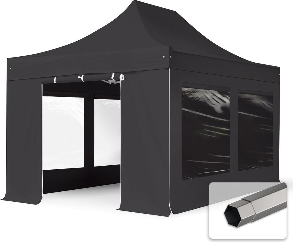 TOOLPORT 3x4,5m Stahl Faltpavillon, inkl. 4 Seitenteile, schwarz