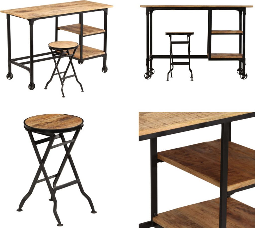 vidaXL Schreibtisch mit Klapphocker Mangoholz Massiv Produktbild 