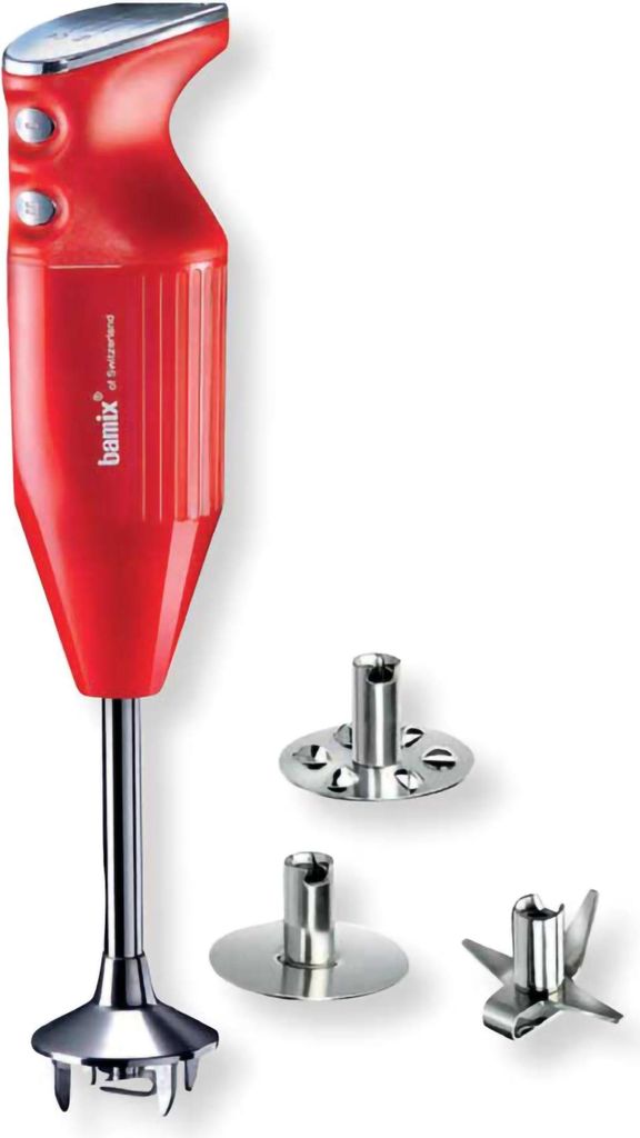 A red Bamix immersion blender with its attachments is displayed against a white background.
