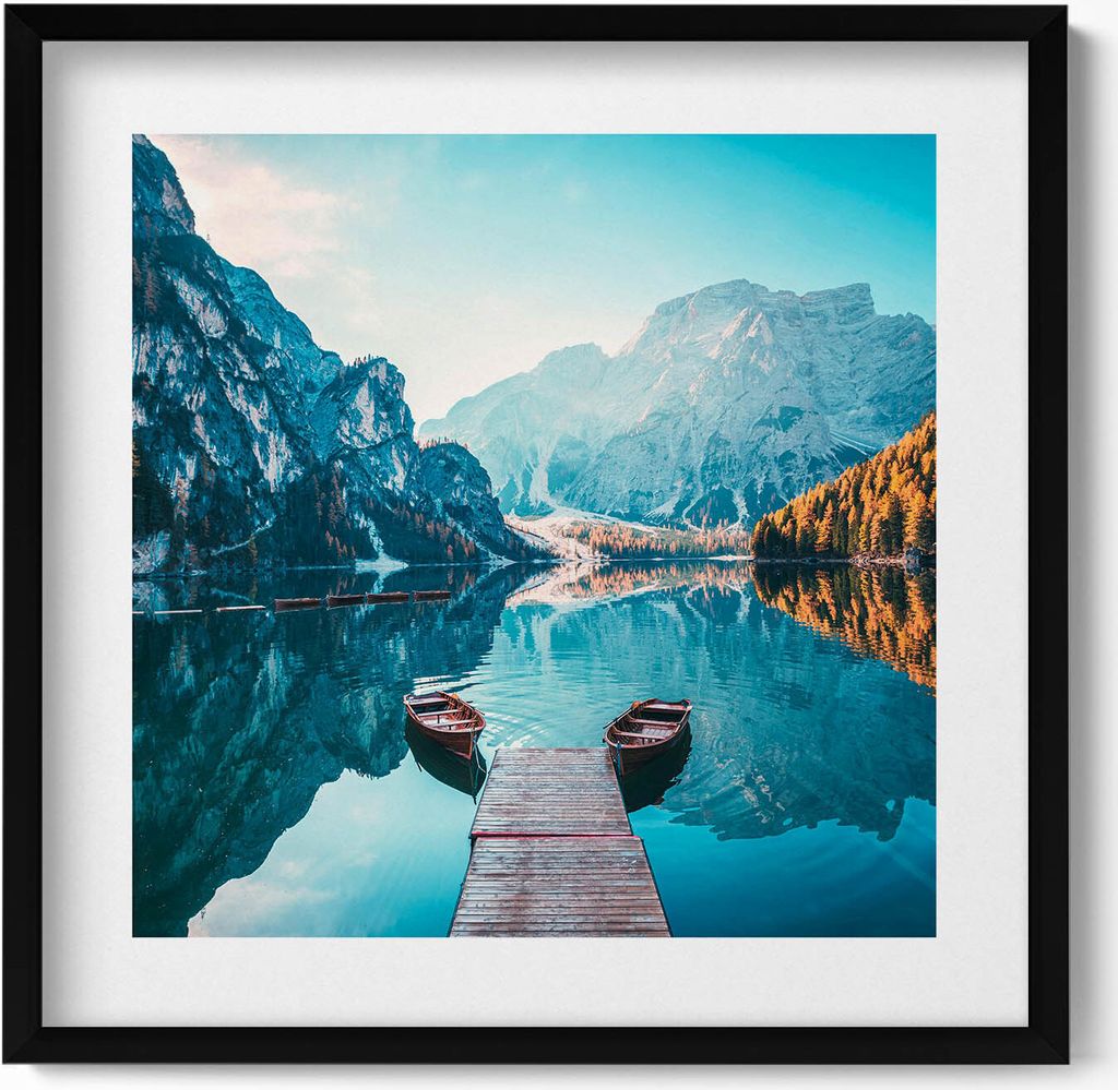 Boote auf dem See– Wandbild mit Rahmen – Gerahmtes Bild – Wanddekoration – 50x50 cm – Schwarz Rahmen