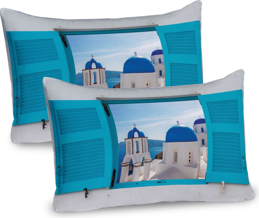 ABAKUHAUS Landschaft Kissenbezug Packung mit 2, Fenster Ansicht Klassischen Gebäudes Blauen Hauben Oia Santorini Griechenland, Dekorativer Gedruck...