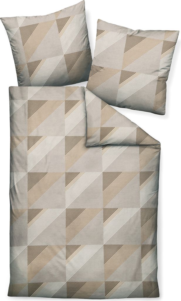 A flat lay of a two-piece bedding set with a geometric pattern.