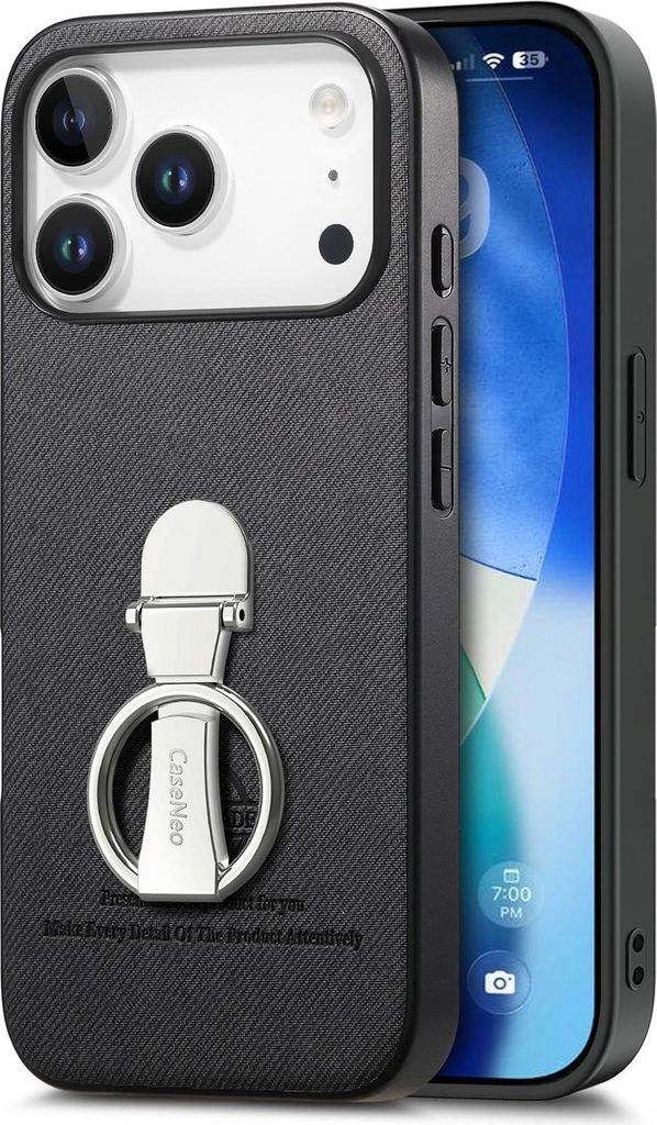 INF Schwarze Kunstleder Hülle mit Ringhalter für iPhone 17, 360° drehbar