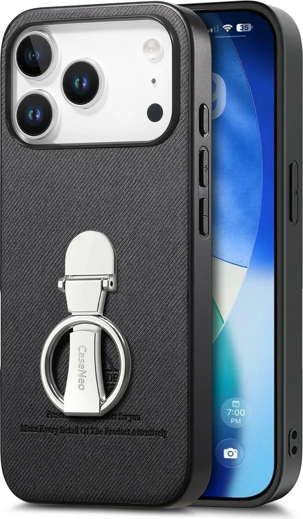 Custodia iPhone 17 Pro Luxury Black Leatherette | Supporto 360 Gradi