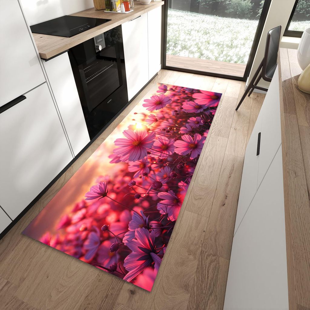 Küchenteppich 90x240cm rutschfest & abwischbar PVC Läufer - Blumenfeld Sonnenuntergang