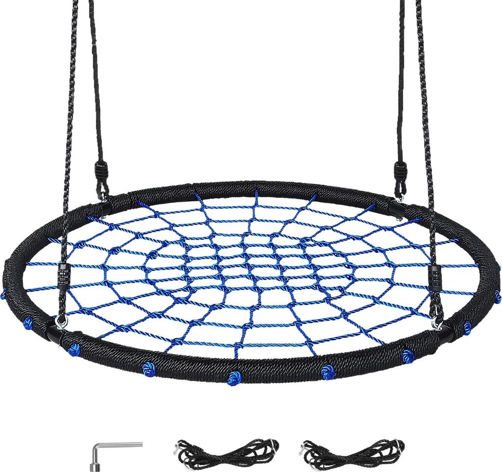 Spinnennetz Baumschaukel - Rundsitz 100 cm - Höhenverstellbar - 200 kg Tragkraft - 2 Schaukelmodi - Innen/Außen - Für Kinder - Blau