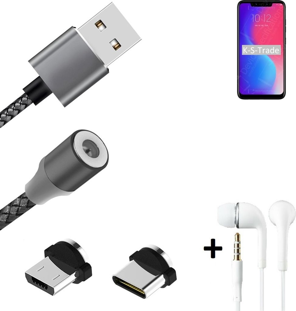 K-S-Trade Hochwertiges Magnet-Lade-kabel Sync-Kabel Daten-Kabel + Kopfhörer kompatibel mit Lenovo S5 Pro mit USB-Typ-C-Anschluss und