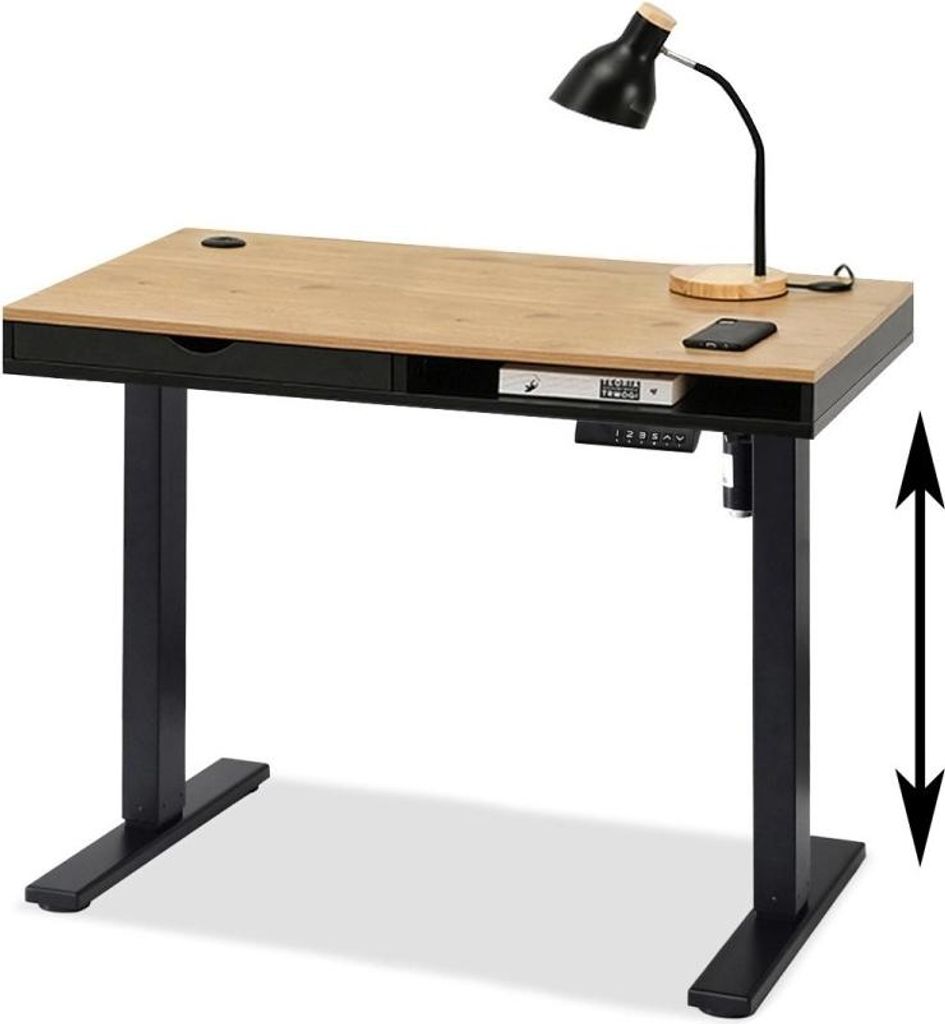 A standing desk with a desk lamp and a phone on it, shown from a front-side angle.