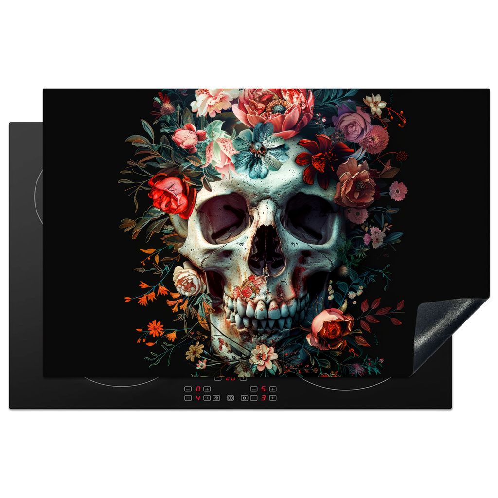 KitchenYeah Herdabdeckplatte Totenkopf - Blumen - Rosa , 80x52cm, Küche Deko, Glaskeramikkochfeld Herdabdeckung, Abdeckplatte fùr Kochfeld