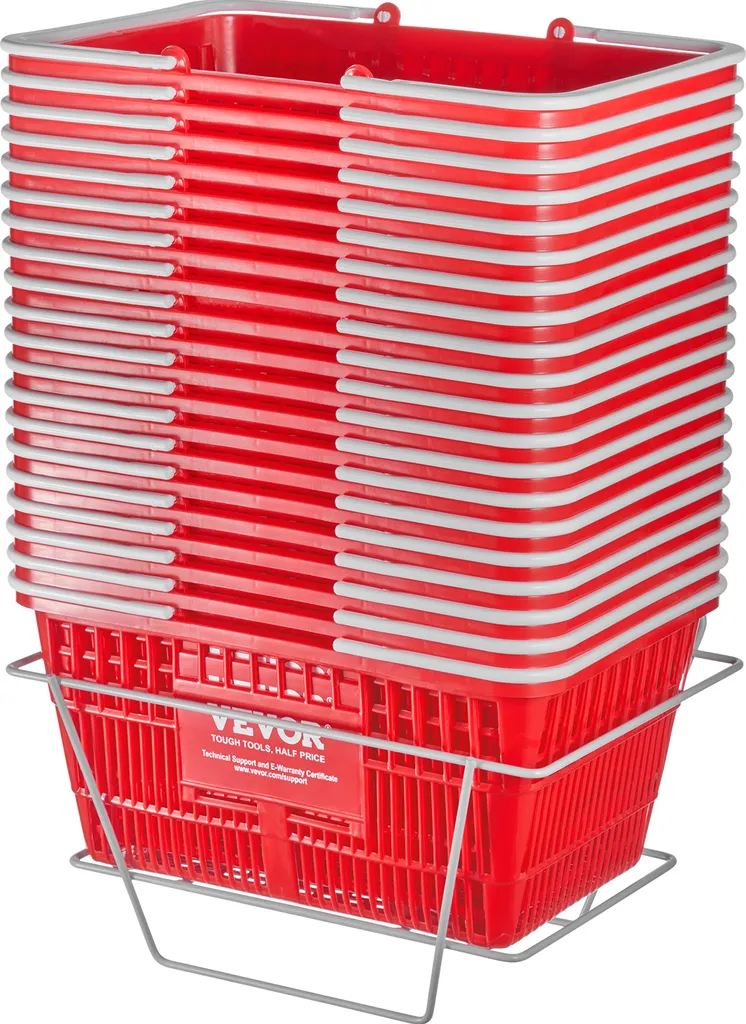 Paniers de magasin avec anse lot de 20 et présentoir métal 21 Litres