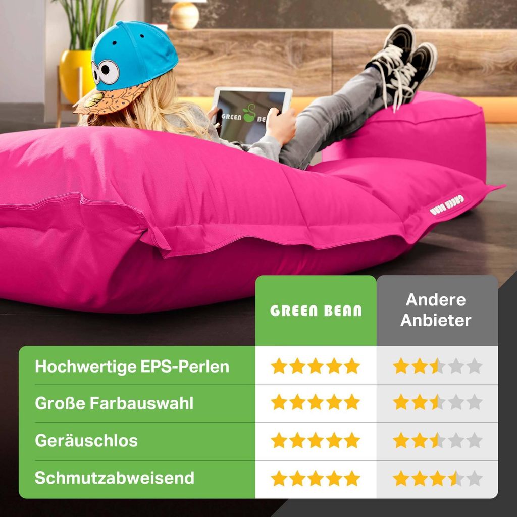 Green Bean XXL Riesensitzsack 140x180cm + Hocker 40x40x40cm mit EPS-Perlen Füllung - 2er Set Sitzsack "Square+Stay" Pink