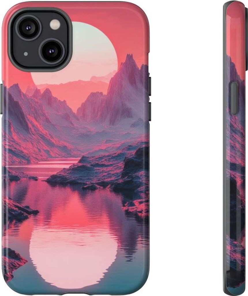 Pinkfarbener Sonnenuntergang über Gebirgsfluss – Hülle Kompatibel mit iPhone 14 Plus
