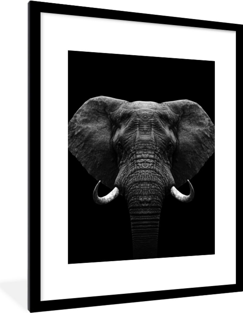 MuchoWow Gerahmtes Poster Tiere - Elefant - Porträt - Schwarz - Weiß 60x80 cm - Poster mit Schwarzem Bilderrahmen Wandposter Rahmen Foto Bilder...
