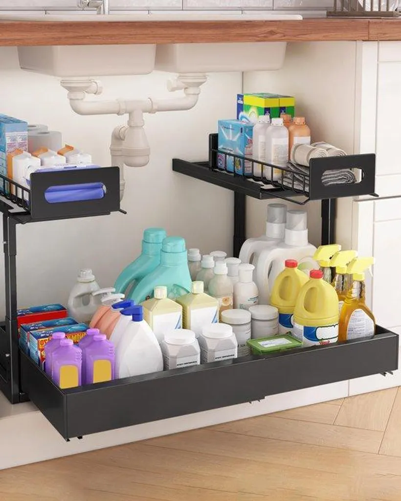 Azomor Organisateur de Placard Coulissant Réglable avec 2 Tiroirs Cuisine