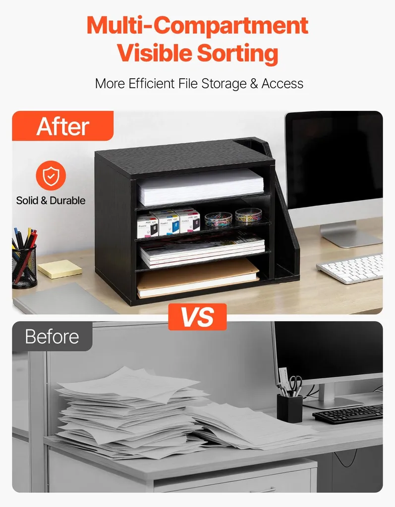 Trieur de documents 4 compartiments en bois noir avec porte-revues A4