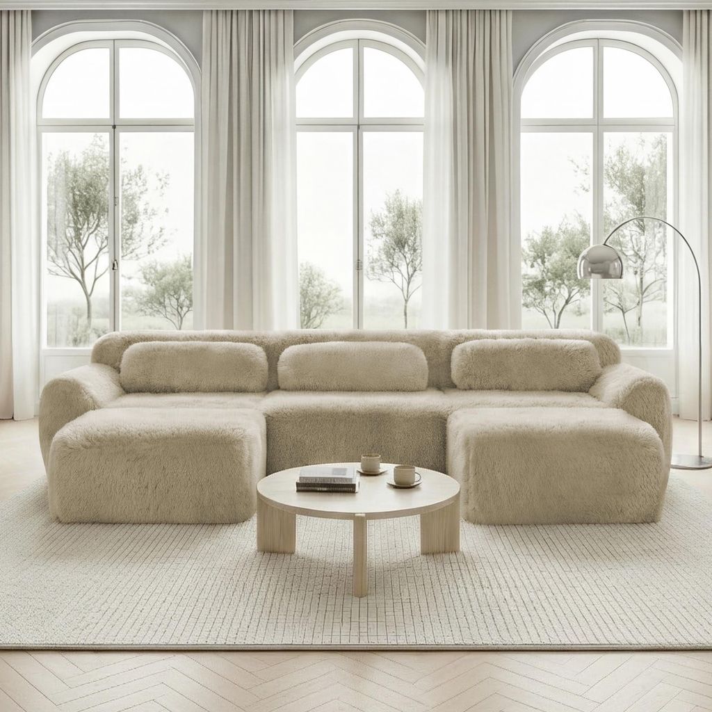 MODFU Dreisitzer Ecksofa,Modulares Sofa mit Geschwungene und 2 Ottoman,U-förmiges Relaxsofa mit Rutschfester Boden & Kissen,Plüschstoff,Hellkhaki