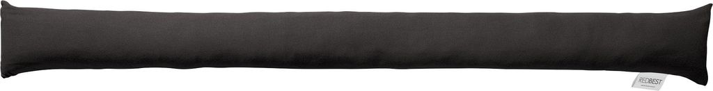 A long, dark-colored draft stopper lies horizontally on a white background.