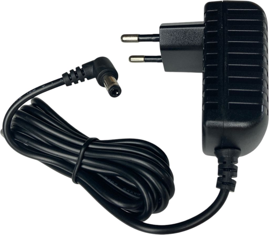 A black power adapter with a coiled cable and a European plug.