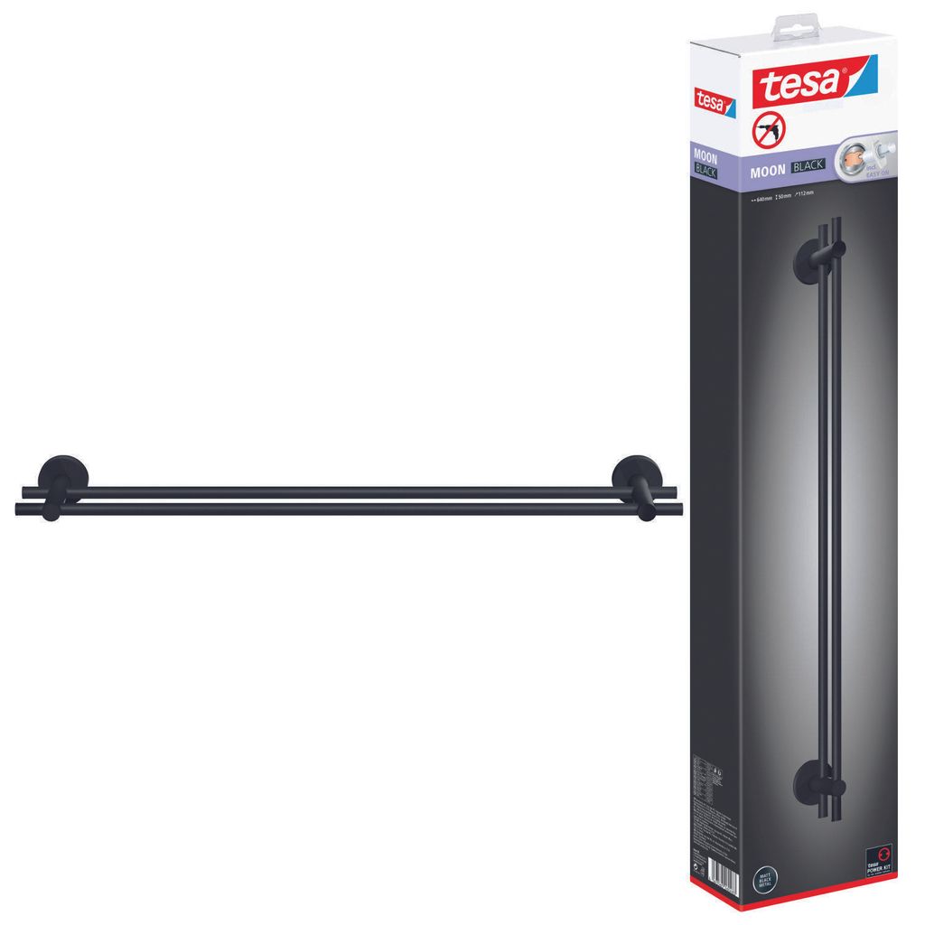tesa MOON BLACK Doppel-Handtuchstange, matt schwarz, wandmontierbar, ohne Bohren