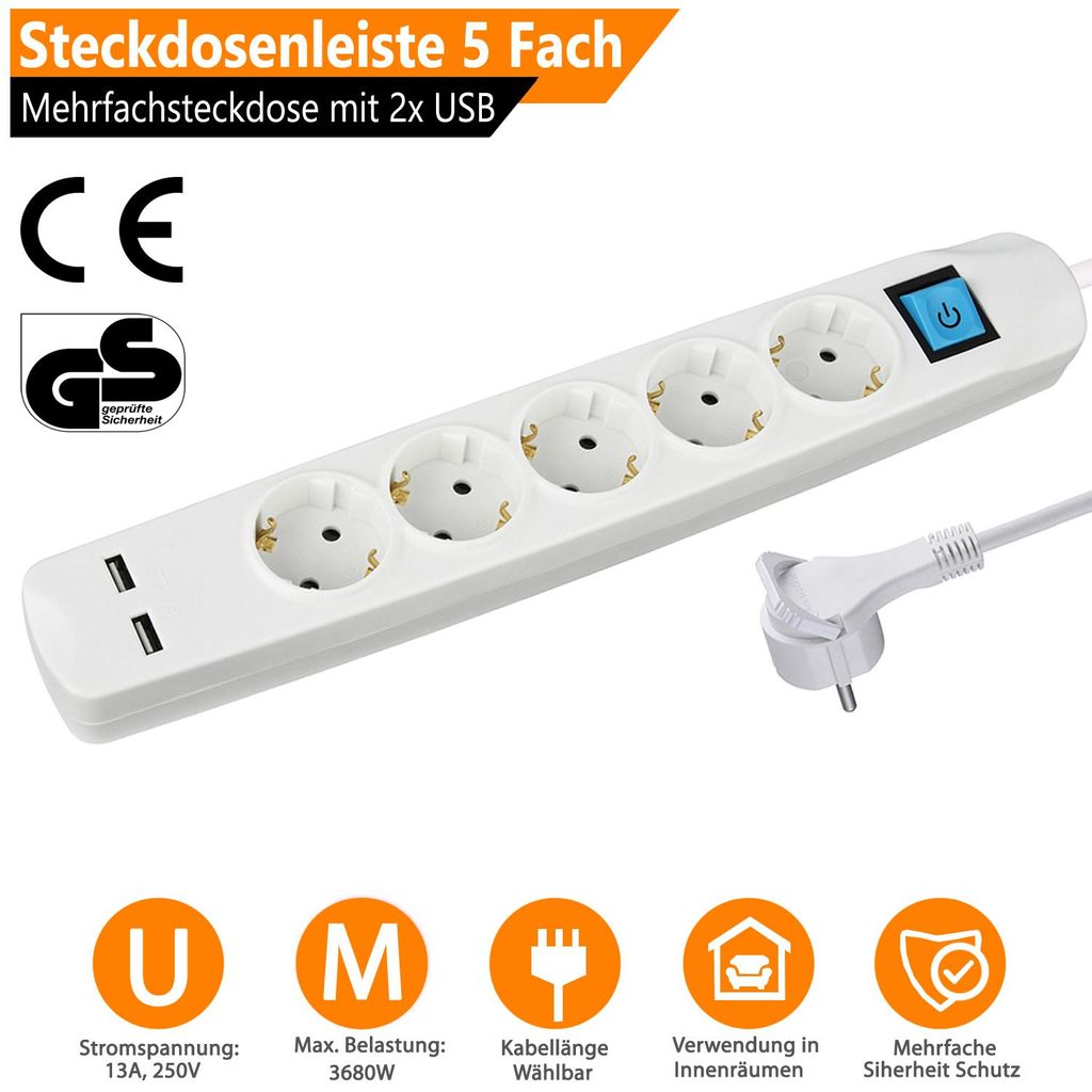 ORSEM 5-Fach Steckdosenleiste mit 2x USB-A 3680W – 16A – Produktbild 