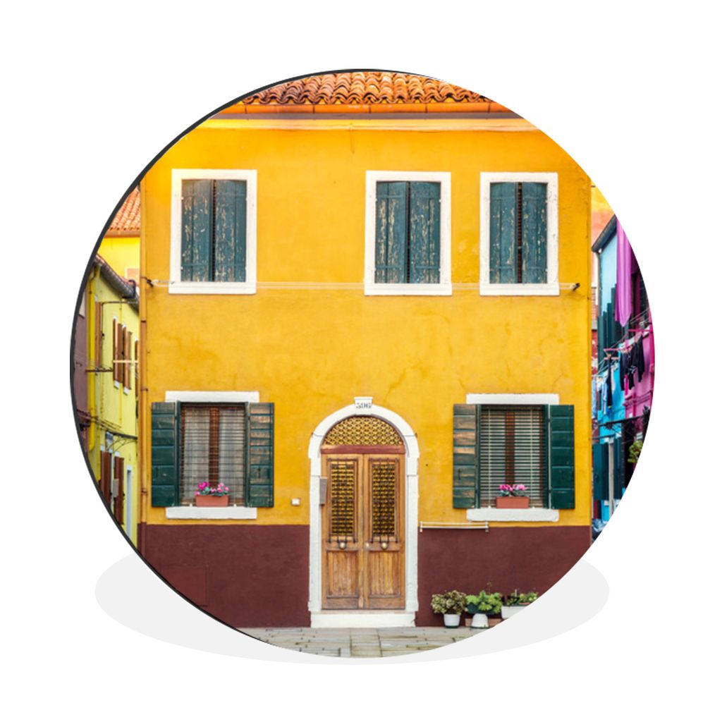 MuchoWow Aluminium Wandkreis Haus - Italien - Gelb Ø 60 cm Wanddeko Modern Wohnzimmer - Wand Kreis - Wandbild - Schlafzimmer - Aluminium Bild - ...
