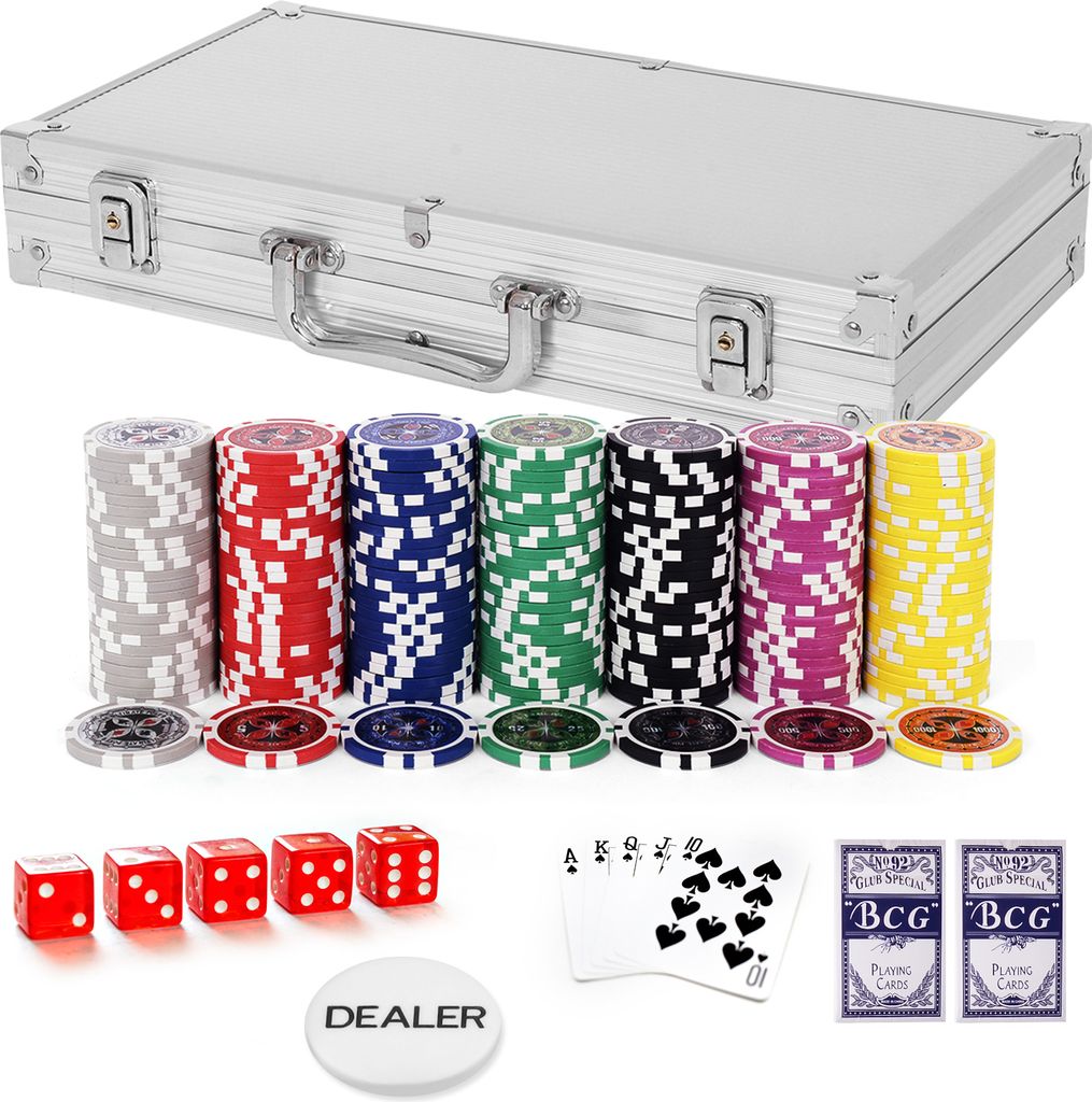 GOPLUS Pockerkoffer Pockerset 300 Chips Pockerchips Pocker Set mit Wuerfel Pokerkarten silber