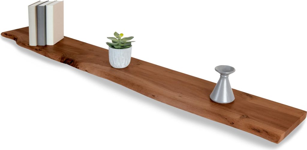 Wandregal Amanda, Akazienholz massiv, nussbaumfarben & lackiert, Holzregal/Steckboard mit Baumkante, 150x20 cm Regal