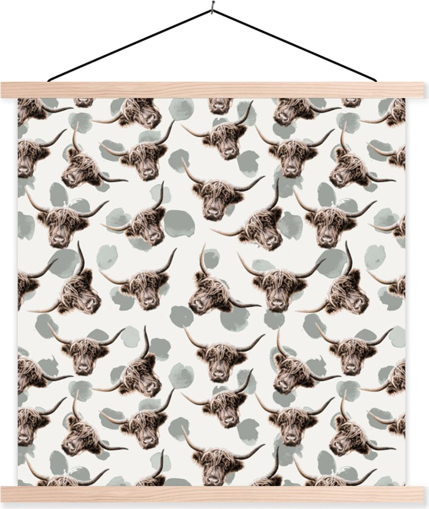 MuchoWow Textilposter Schottisches Hochlandrind - Kuh - Muster 60x60 cm mit holzfarbenen Rahmen - Wanddekoration