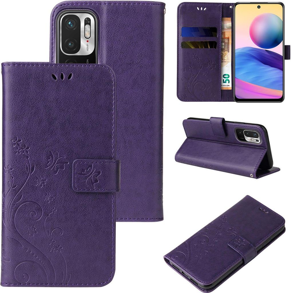 Handyhülle für Xiaomi Redmi Note 10 5G Floral Blumen Schmetterling Flip Cover Hülle Case Klapphülle Handytasche Farbe: Violett