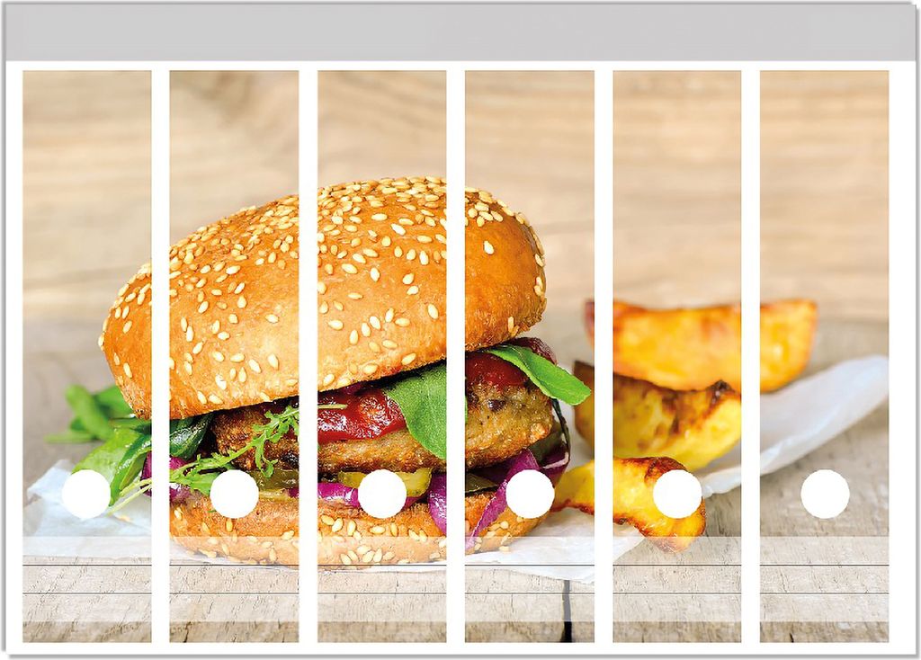 Wallario Ordnerrücken Sticker, selbstklebend für breite Ordner, 6 Stück, Motiv Burger mit frischem Salat und Pommes